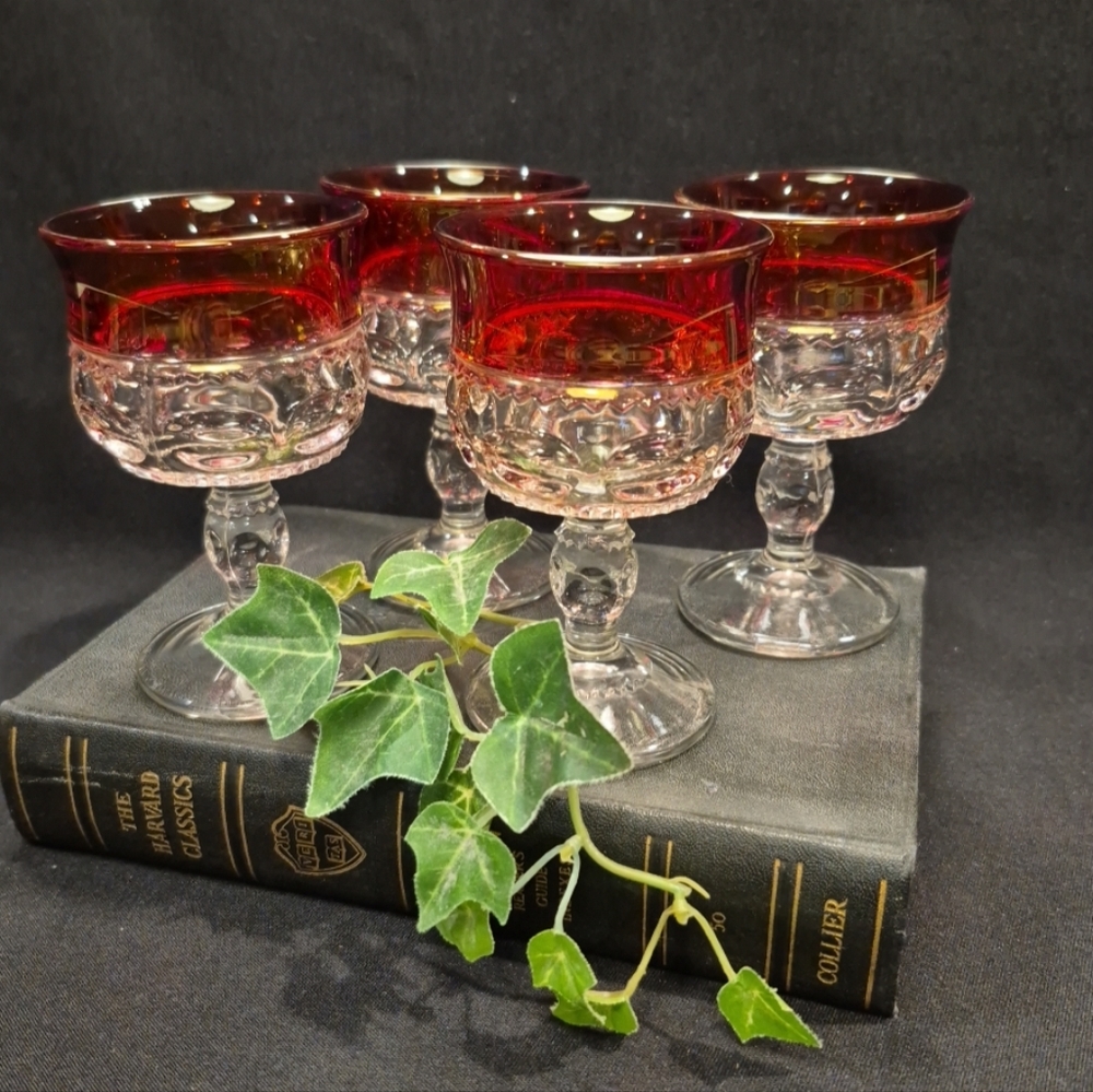 Vintage King's Crown Ruby Thumbprint Cordial Stemmed Glasses ~ Set of 4